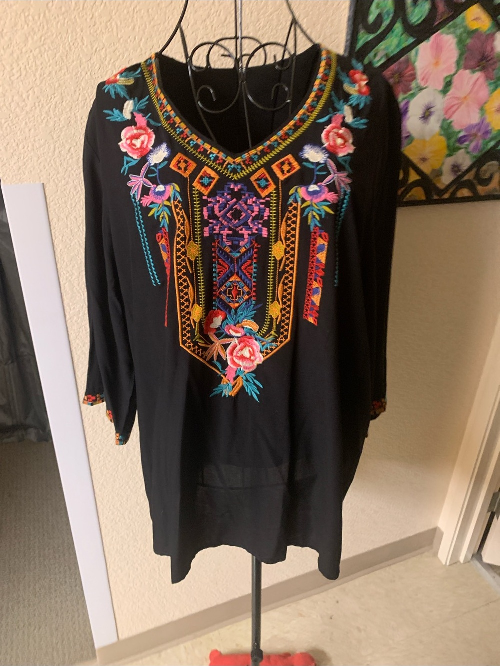 Black Embroidered V-Neck Women’s Tunic Top